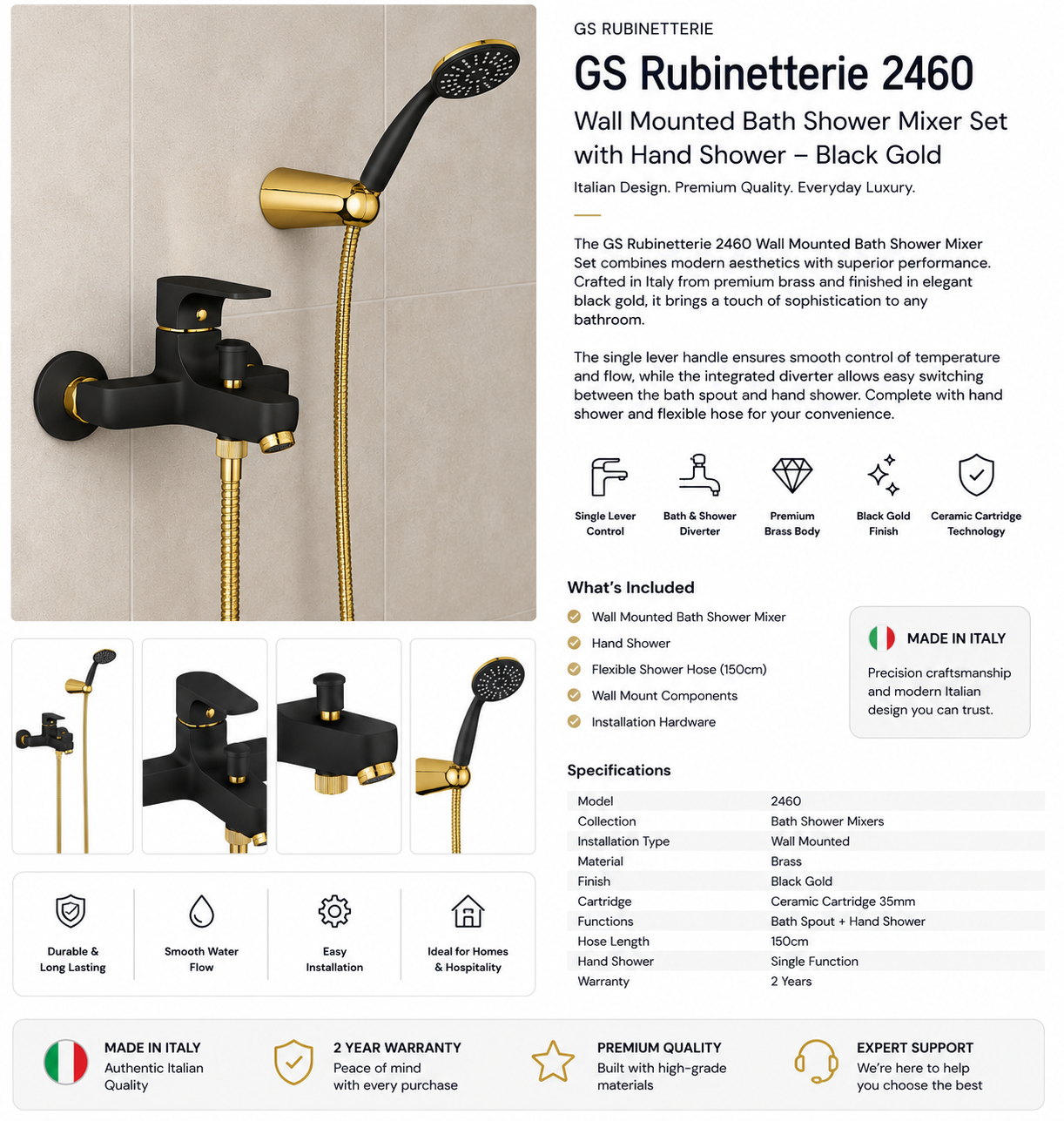 GS Rubinetterie 2460 Wall Mounted Bath Shower Mixer Set with Hand Shower, Premium Brass Construction, Single Lever Control, Black Gold Finish
