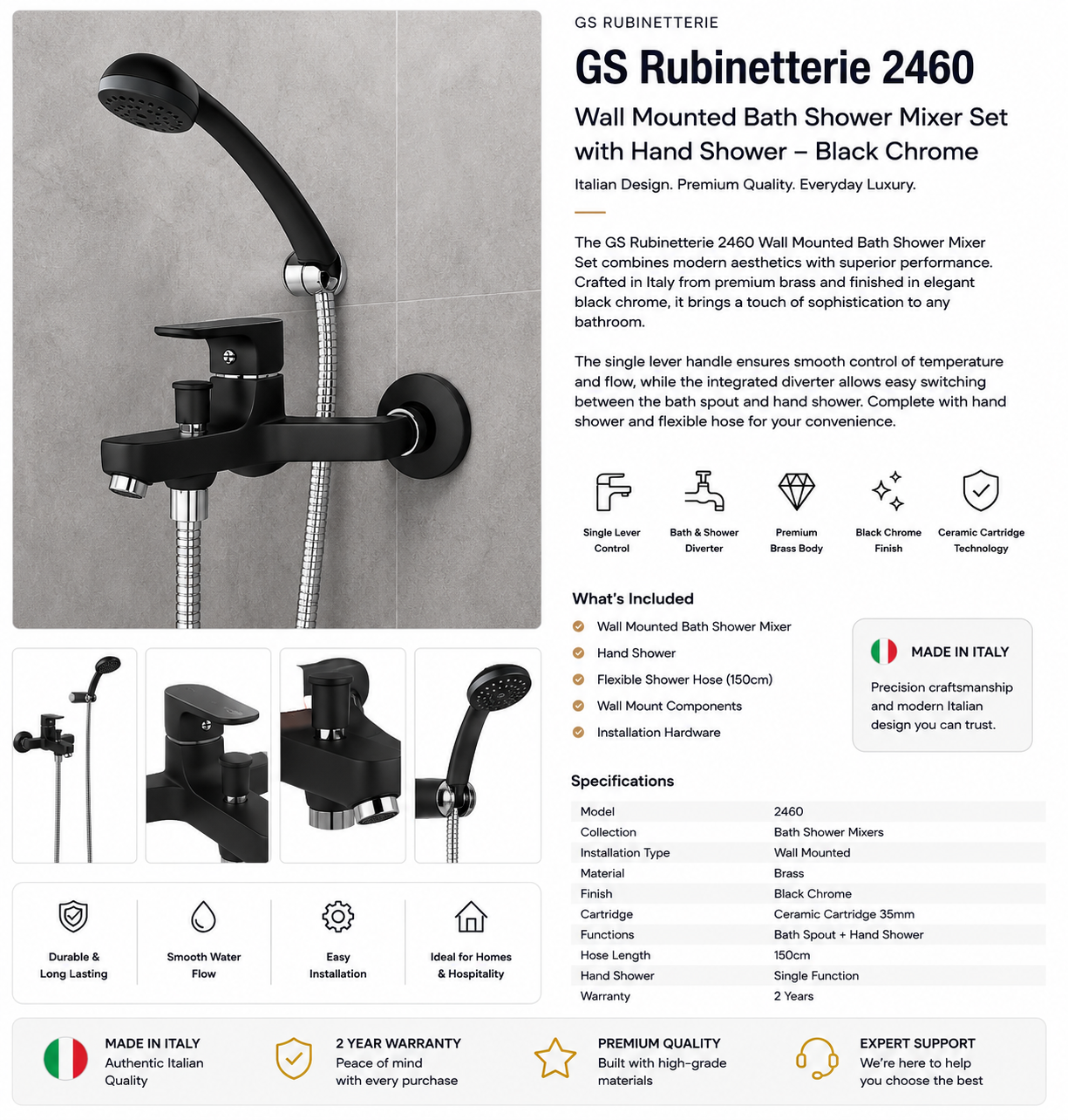 GS Rubinetterie 2460 Wall Mounted Bath Shower Mixer Set with Hand Shower, Premium Brass Construction, Single Lever Control, Black Chrome Finish