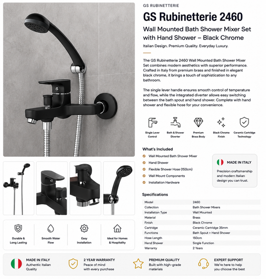 GS Rubinetterie 2460 Wall Mounted Bath Shower Mixer Set with Hand Shower, Premium Brass Construction, Single Lever Control, Black Chrome Finish