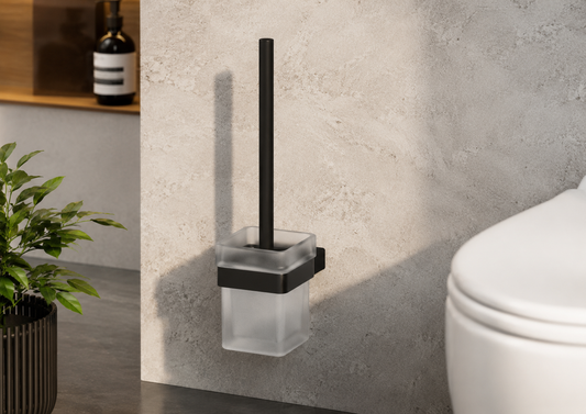 HESANIT A400-9 Premium Bathroom Toilet Brush Holder with Frosted Glass Cup & Stainless Steel Handle, Wall Mounted, Matt Black Finish