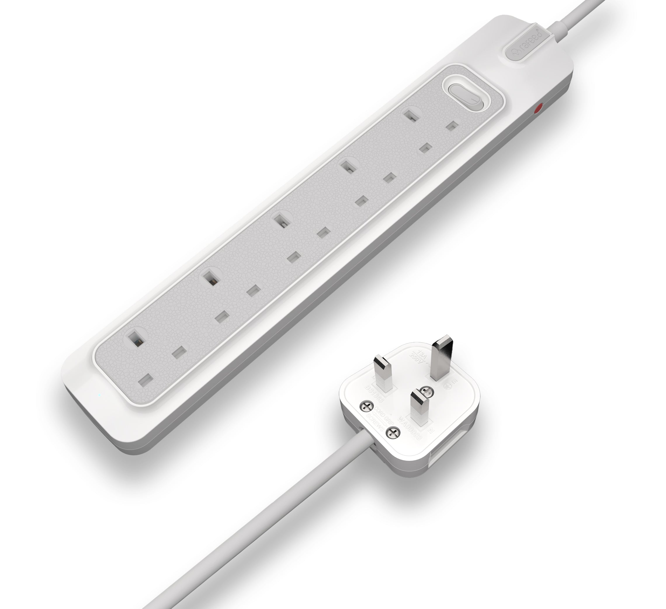 RAFEED 6 Gang UK Power Extension Socket 13A 230V with 5m Cord – Grey & White, on/off Switch, 2990W