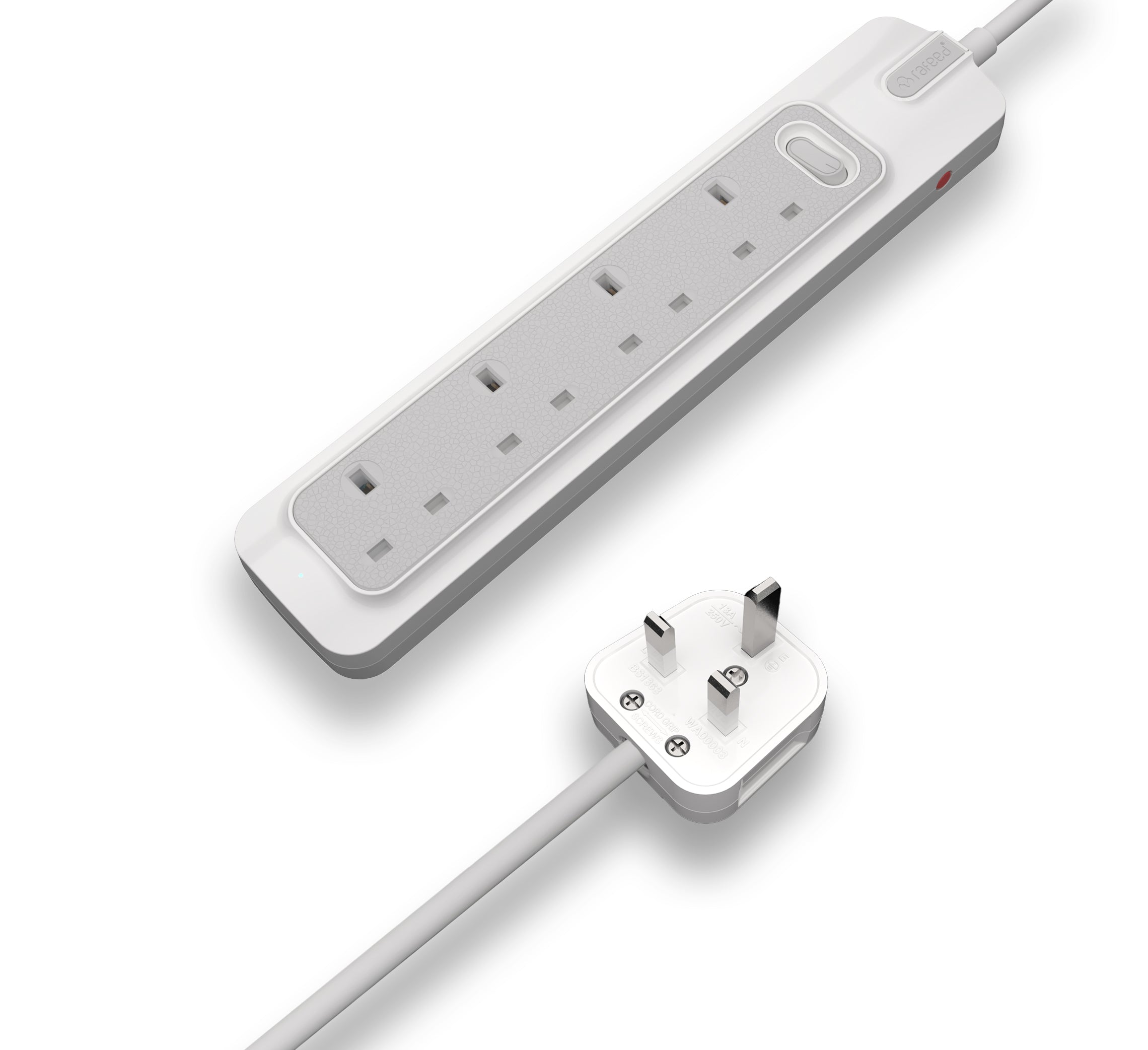 RAFEED 4 Gang UK Power Extension Socket 13A 230V with 5m Rubber Cord – Grey & White, on/off Switch, 2990W