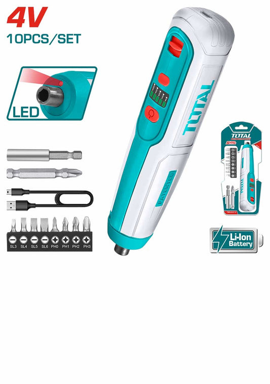 TOTAL TSDLI0402 10PCS Cordless Screwdriver 4V – 5Nm Torque, USB Charging, LED Work Light, 8 Bits & Magnetic Holder