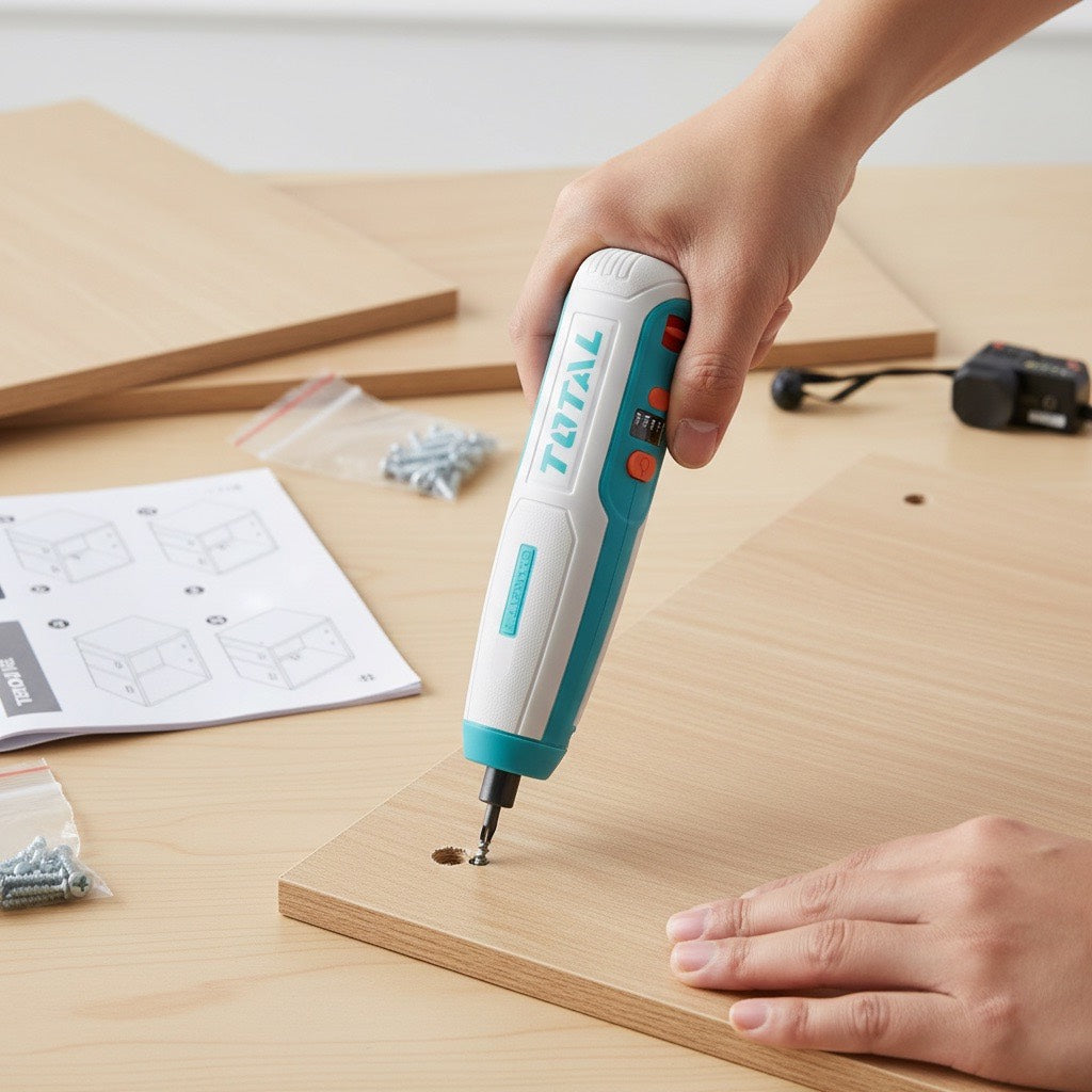 TOTAL TSDLI0402 10PCS Cordless Screwdriver 4V – 5Nm Torque, USB Charging, LED Work Light, 8 Bits & Magnetic Holder