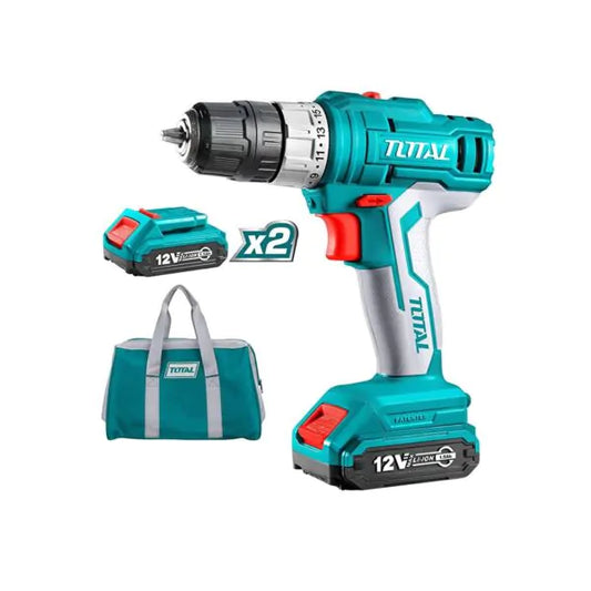 TOTAL Cordless Drill Driver 12V Li-Ion, 20Nm Torque, 2-Speed Gear, LED Work Light, with 2 Batteries & Charger