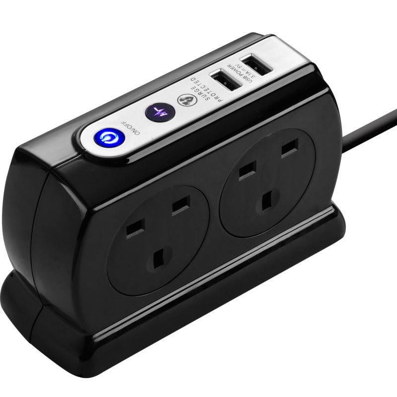Masterplug 4 Sockets 4 Meter Surge Protected Premium High Gloss Compact Extension Lead with 2 USB Ports Black