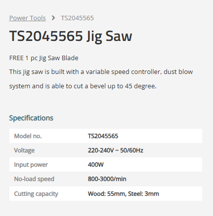 TOTAL Jigsaw With 45 Degree Bevel Variable Speed Dust Blow System 400W TS2045565