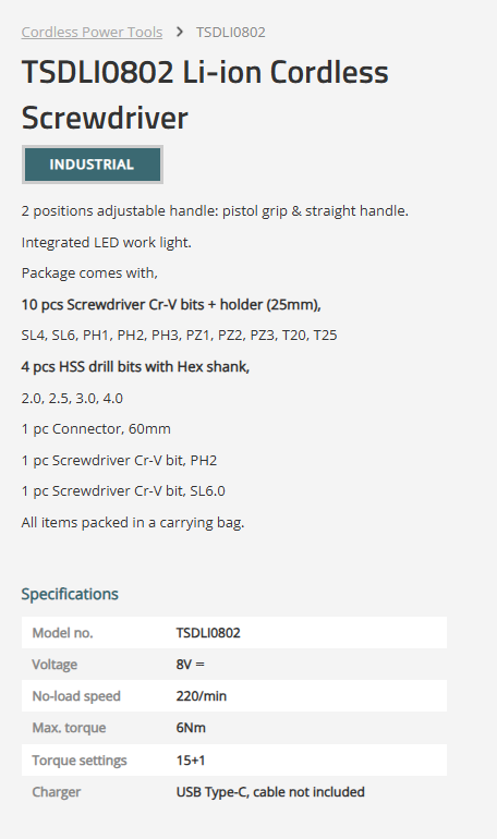 TOTAL Cordless Screwdriver 8V With Accessories TSDLI0802