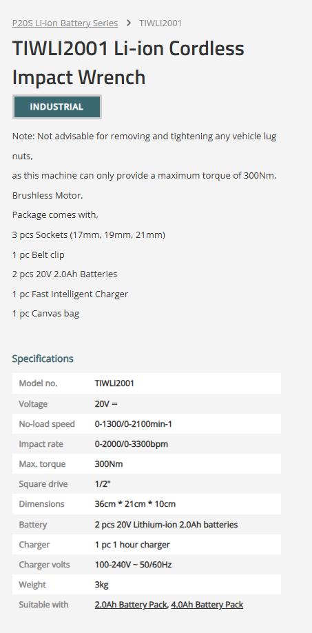 TOTAL Lithium Ion Impact Wrench 20V