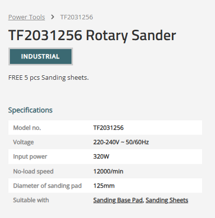 TOTAL Industrial Rotary Sander 320W, 125mm Pad, 12,000 RPM