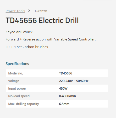 TOTAL Corded Electric Drill 450W, 6.5mm Keyed Chuck, Variable Speed & Forward/Reverse, High-Speed 4300 RPM
