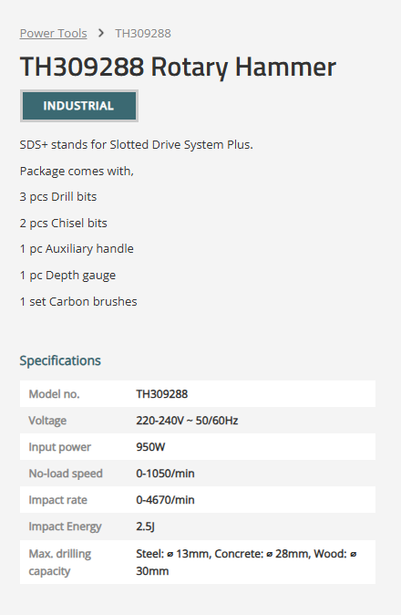 TOTAL Industrial Rotary Hammer Drill 950W SDS Plus, 2.5J Impact Energy, Heavy-Duty Concrete Hammer