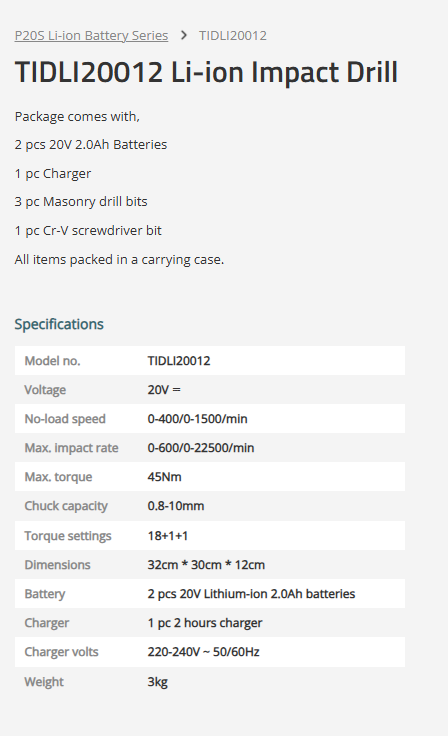 TOTAL Lithium Ion Impact Drill 20V