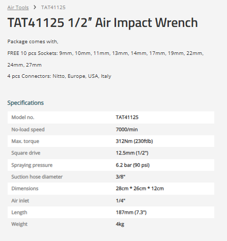 TOTAL Air impact wrench set 1/2 - 312Nm TAT41125
