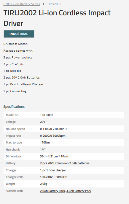TOTAL Industrial Brushless Cordless Impact Driver 20V, 170Nm Torque, 1/4″ Hex Shank, with 2 Batteries & Fast Charger