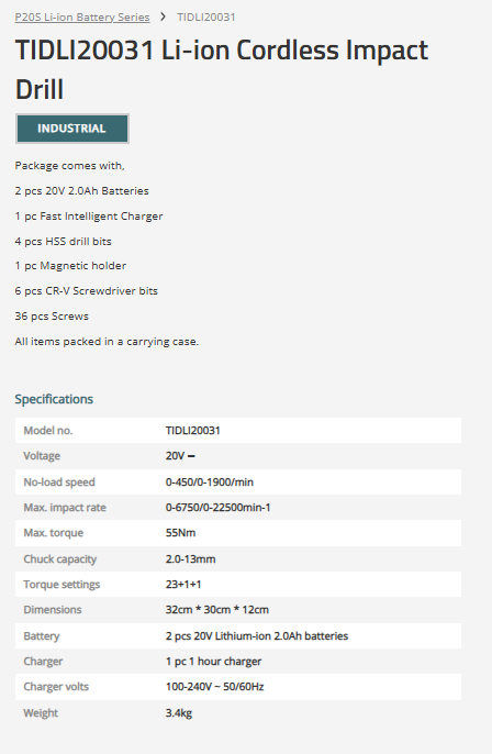 TOTAL Lithium Ion Impact Drill 20V