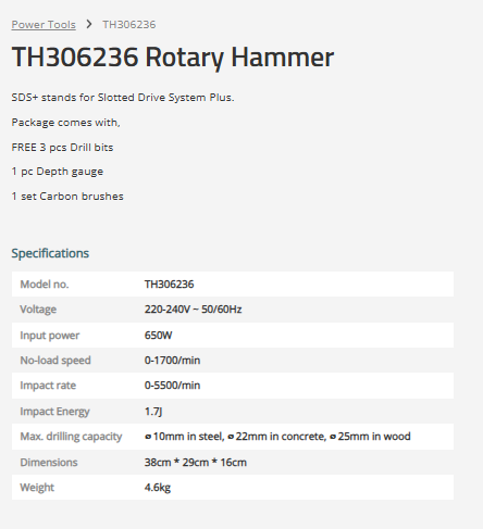 TOTAL Corded Rotary Hammer Drill 650W SDS Plus, 1.7J Impact Energy, High-Speed Hammer Drill for Concrete