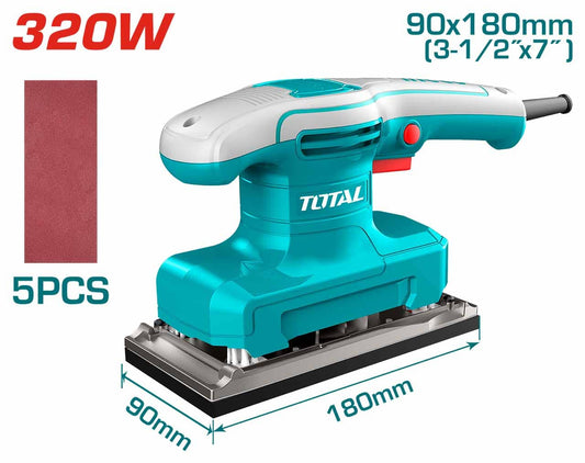 TOTAL Finishing Sander – 320W, 14000rpm, 90×180mm Aluminum Base with Sandpapers