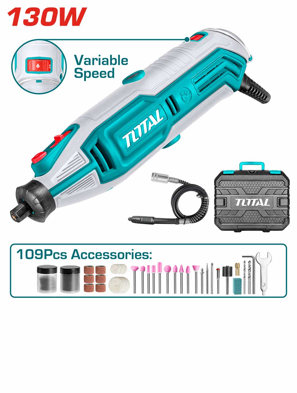 TOTAL Mini Grinder Rotary Tool 130W, Variable Speed 10,000–35,000 RPM, 109 Accessories, Flexible Shaft, with Carry Case
