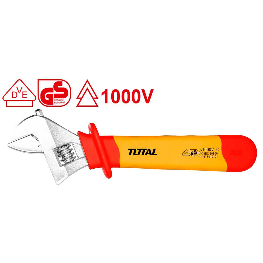 TOTAL THIADW081 Insulated Adjustable Wrench 8 Inch (200mm) | 1000V VDE Certified Adjustable Spanner