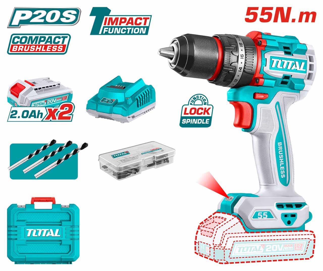 TOTAL TDLI20508 20V Li-Ion Cordless Drill Driver, 55Nm Torque, 13mm Metal Chuck, 2-Speed Brush Motor Drill Kit with 2 Batteries, Fast Charger & Carry Case