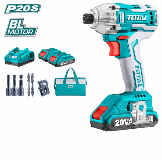 TOTAL Industrial Brushless Cordless Impact Driver 20V, 170Nm Torque, 1/4″ Hex Shank, with 2 Batteries & Fast Charger