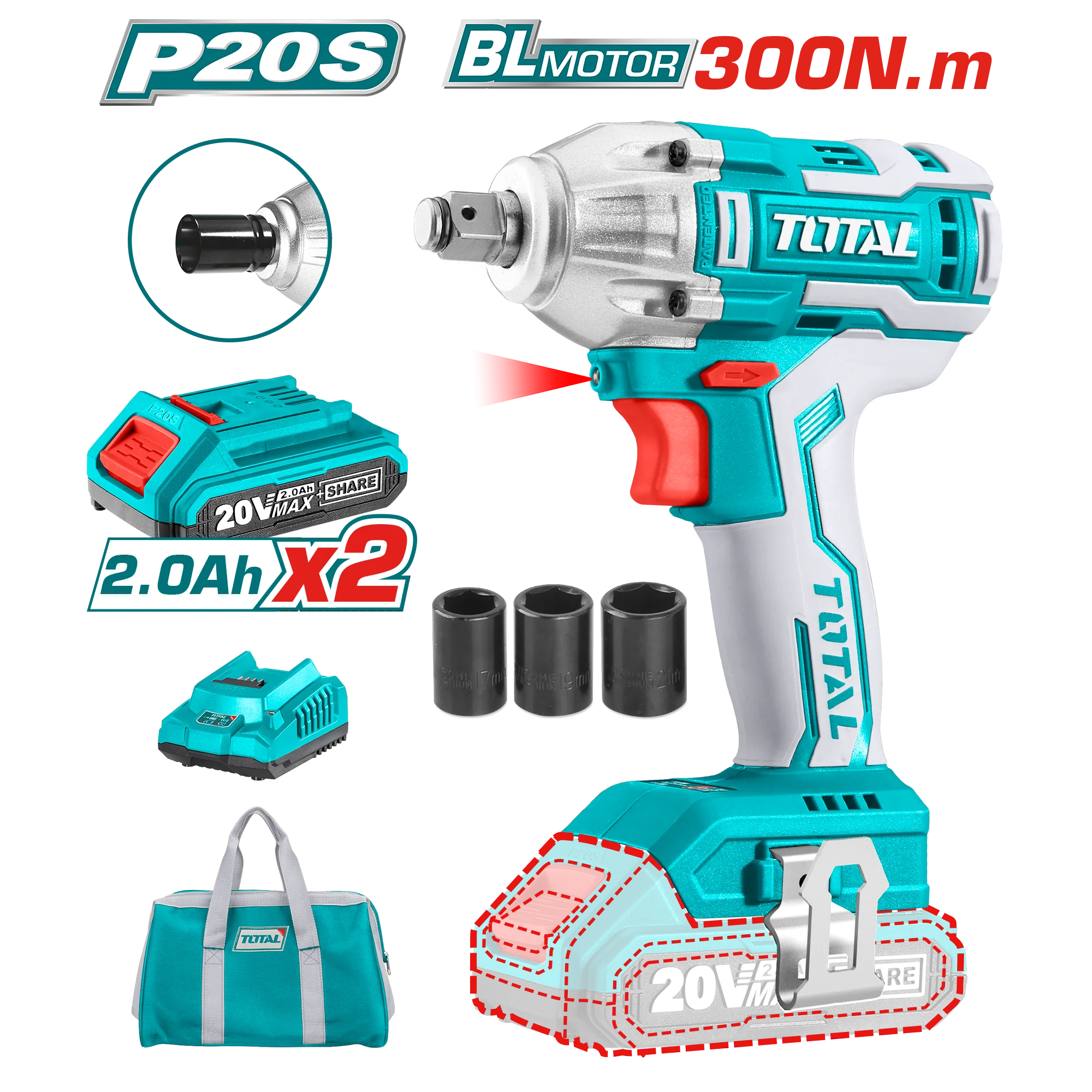TOTAL TIWLI2001 Cordless Impact Wrench 20V 300Nm 1/2" Drive with 2 Batteries & Smart Charger