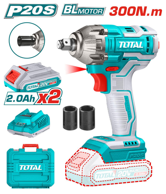 TOTAL Li ion Impact Wrench 300 850Nm Brushless Motor Battery 2 Pc Charger Socket