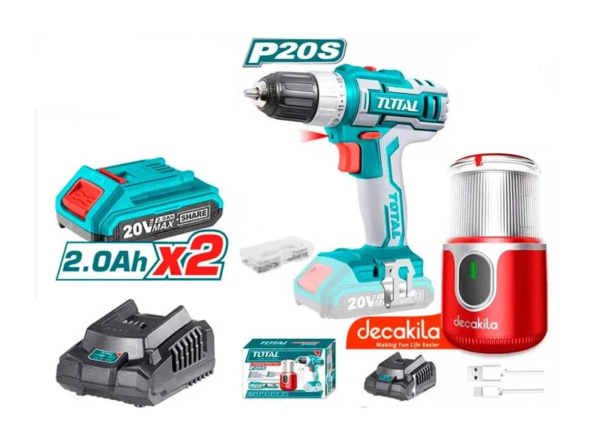 TOTAL Li-ion Cordless Combo 2 Pcs Combo Kit Rotary Hammer 20V Mini Chopper Bit Battery Charger P20S TOSLI23013