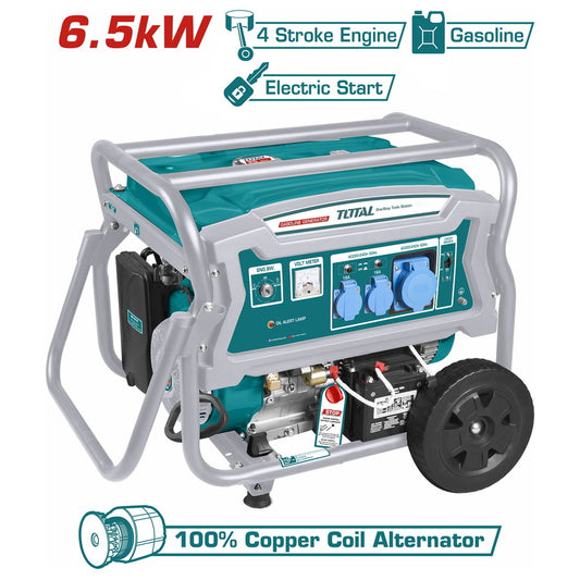 TOTAL TP165006 Gasoline Generator 6500W – Electric Start, 15HP OHV Engine, Copper Alternator, AVR Voltage Regulation