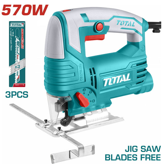 TOTAL Corded Jig Saw 570W, Variable Speed 800–3000 RPM, 4-Stage Pendulum Action, 45° Bevel Cutting