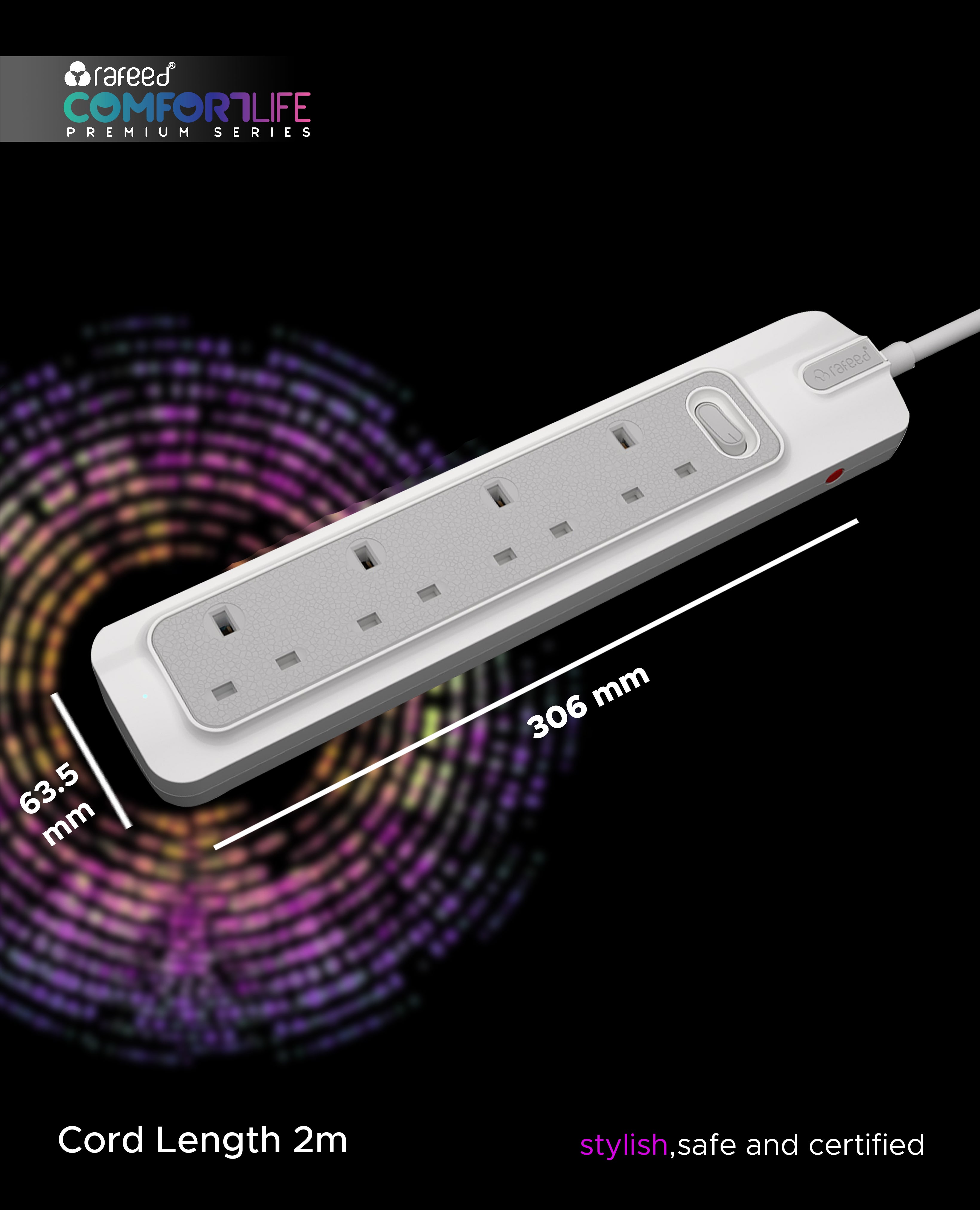 Rafeed Power Extension 5 meters 6 Sockets, on/off Switch, 2990W
