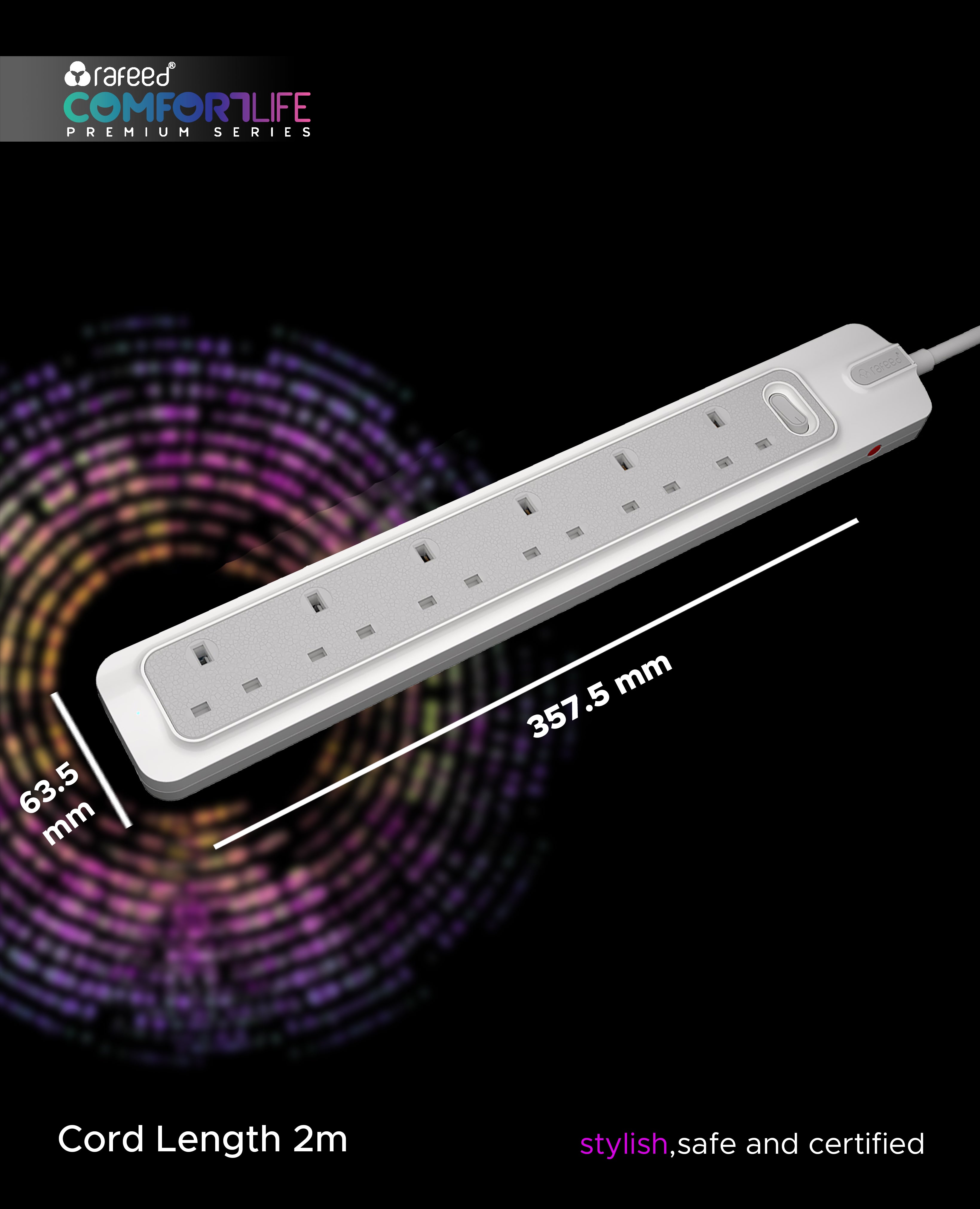 Rafeed Power Extension 5 meters 6 Sockets, on/off Switch, 2990W