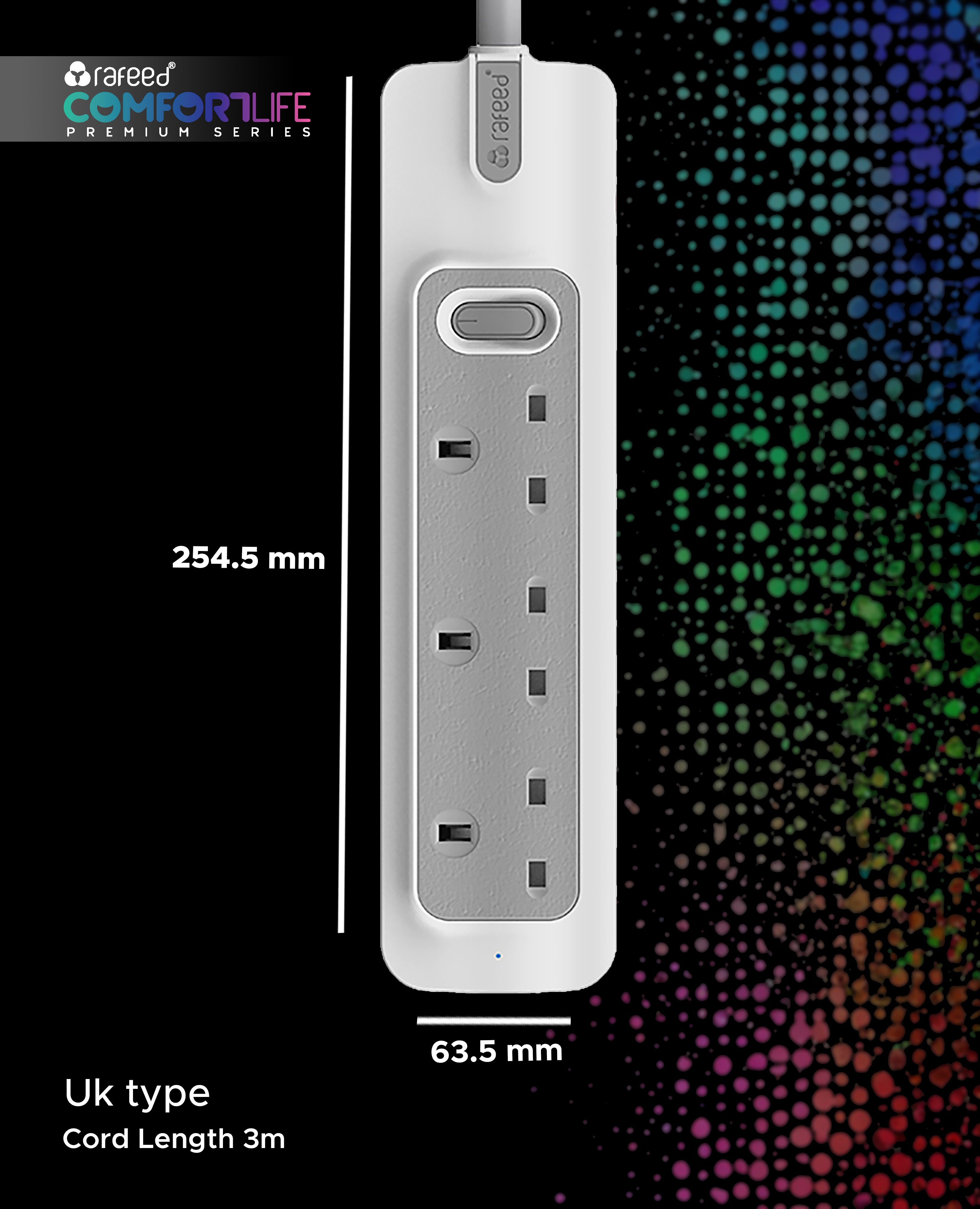 Rafeed Power Extension 5 meters 3 Sockets, on/off Switch, 2990W