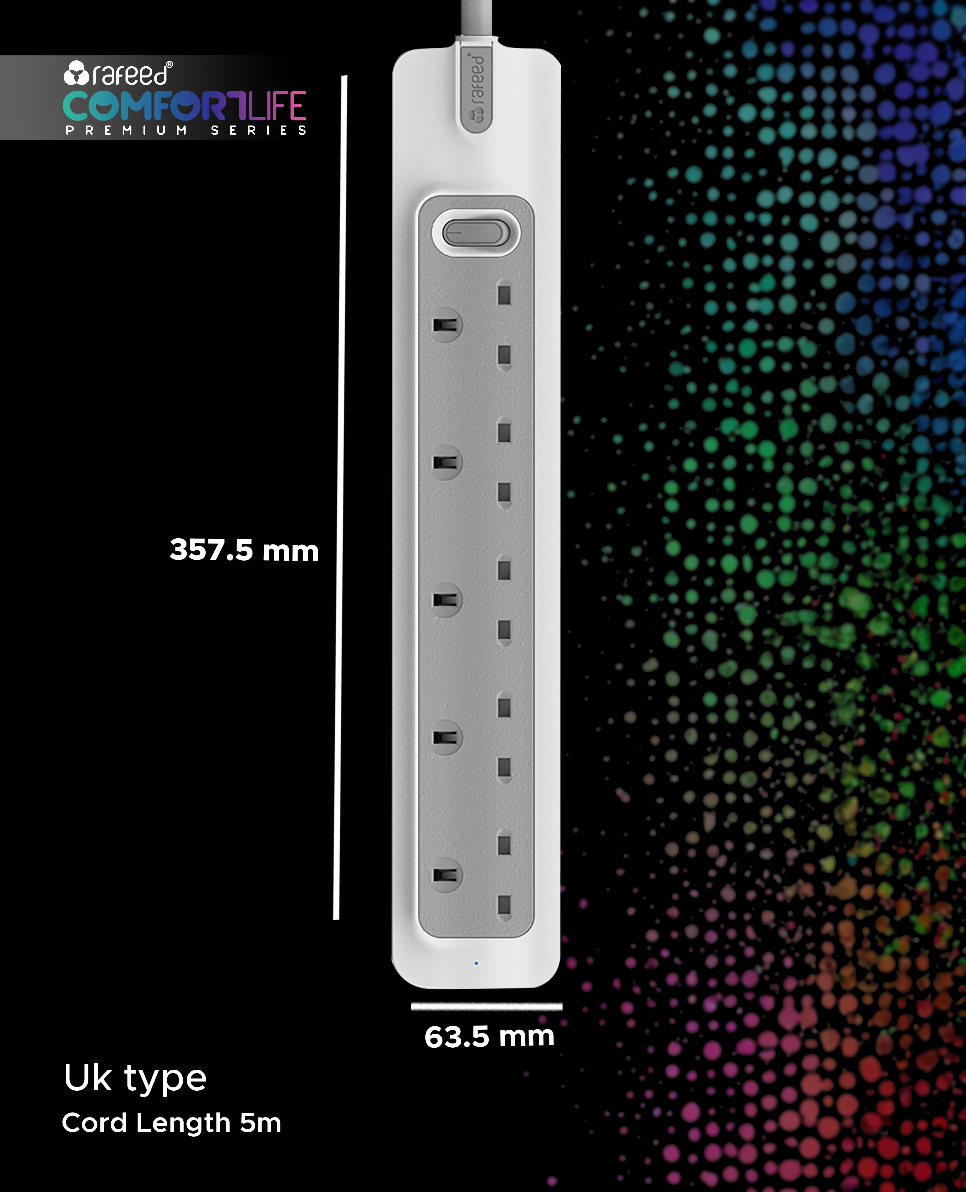 Rafeed Power Extension 5 meters 6 Sockets, on/off Switch, 2990W