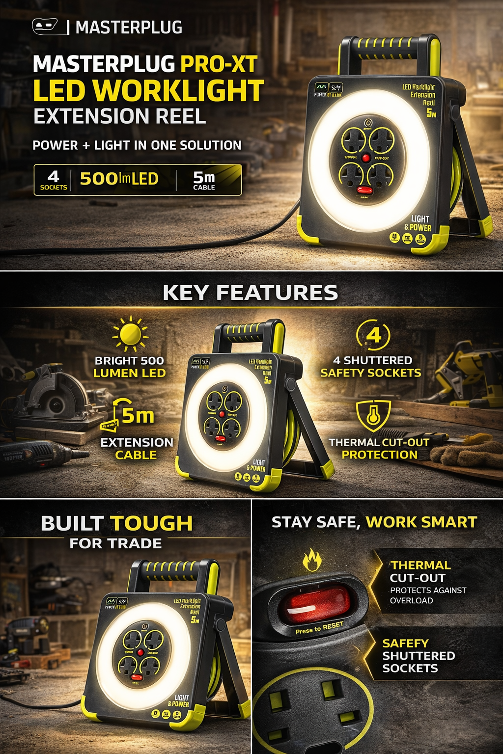 Masterplug Pro-XT LED Work Light Extension Reel 5M, 4 Socket UK Extension Lead, 5W 550 Lumens Work Light, Thermal Cut-Out Protection