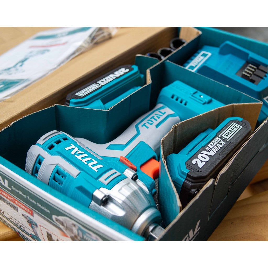 TOTAL TIWLI2001 Cordless Impact Wrench 20V 300Nm 1/2" Drive with 2 Batteries & Smart Charger