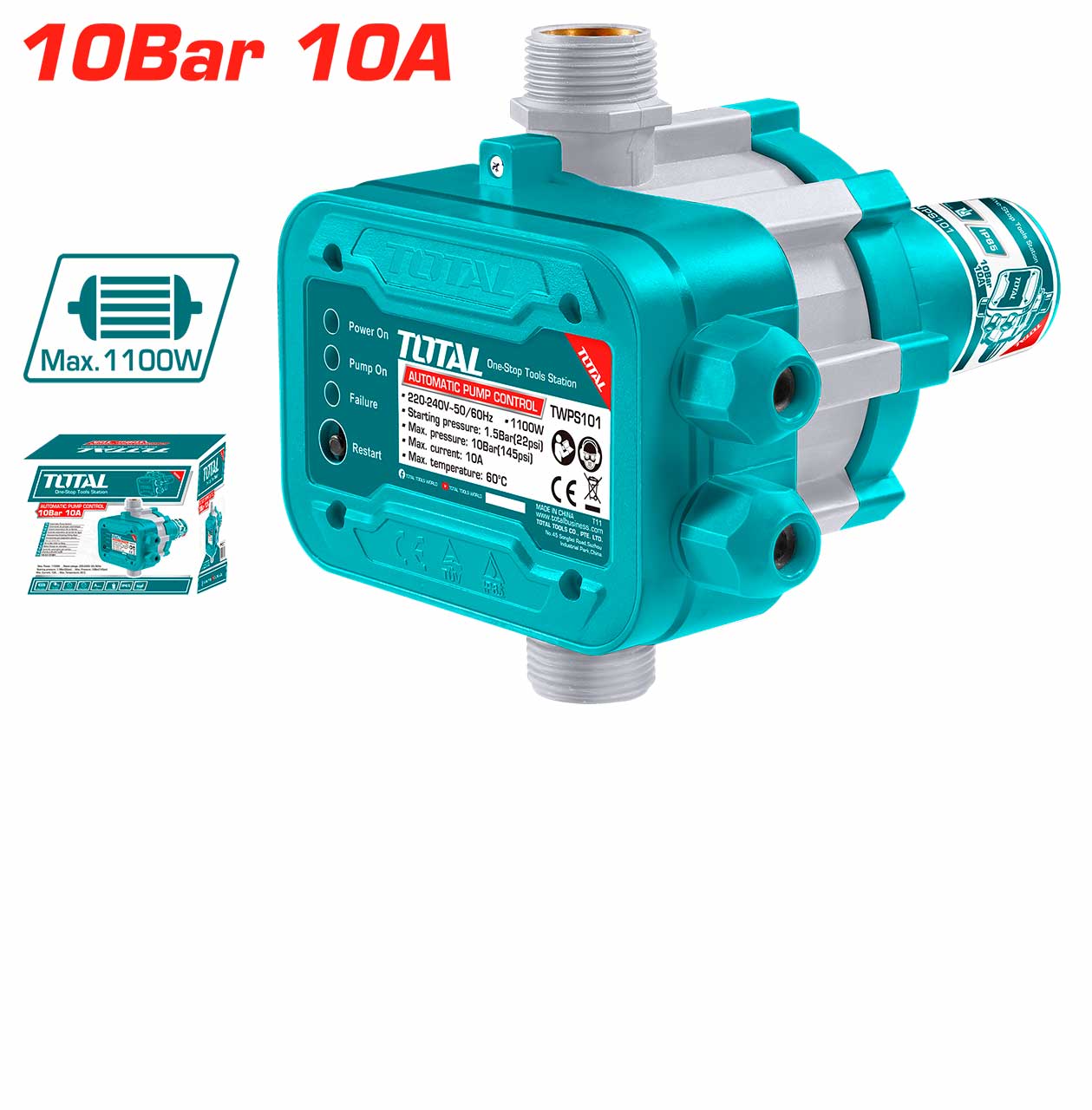Automatic Pump Control Switch 1100W, 10 Bar Pressure, IP65 Water Pump Controller, 1″ Connection