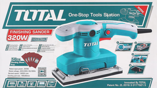 TOTAL Finishing Sander – 320W, 14000rpm, 90×180mm Aluminum Base with Sandpapers
