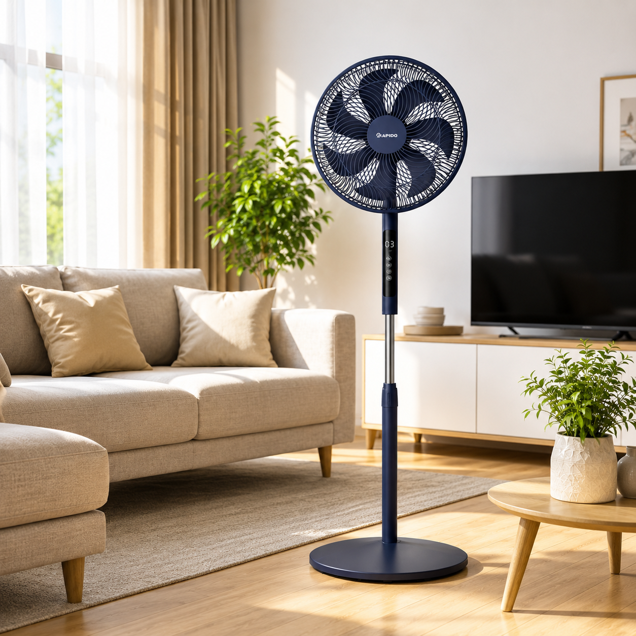RAPIDO RWF-16AHD 16 Inch Pedestal Fan 60W with Remote Control – 7 Blades, LED Display, 4 Speed Settings, 3100m³/h Airflow