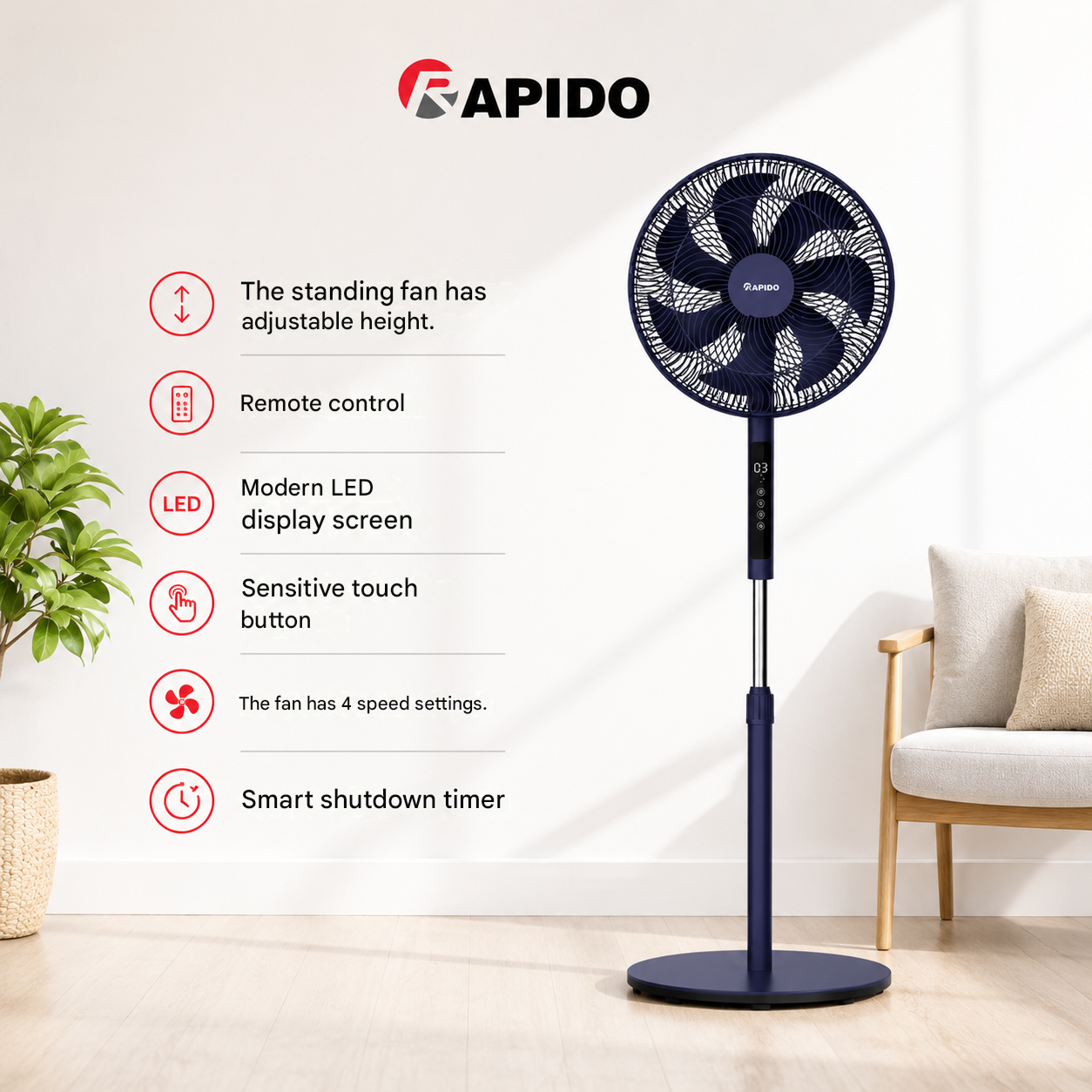 RAPIDO RWF-16AHD 16 Inch Pedestal Fan 60W with Remote Control – 7 Blades, LED Display, 4 Speed Settings, 3100m³/h Airflow