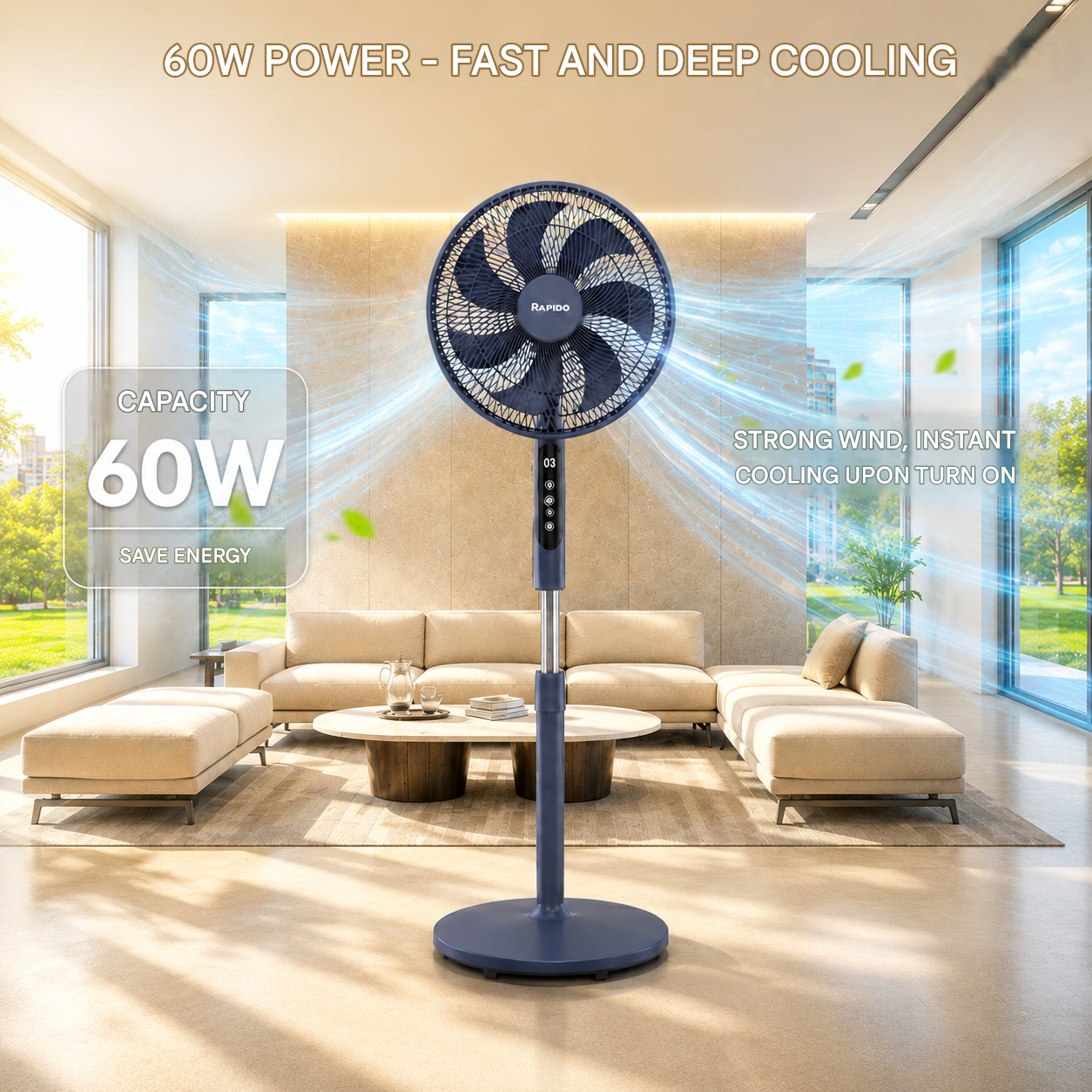 RAPIDO RWF-16AHD 16 Inch Pedestal Fan 60W with Remote Control – 7 Blades, LED Display, 4 Speed Settings, 3100m³/h Airflow