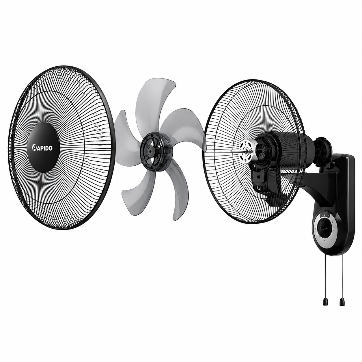 RAPIDO RWF-16AWM 16 Inch Wall Mount Fan 52W – 3 Speed Settings, 80° Oscillation, 3000m³/h Airflow, Pull Cord Control, Black
