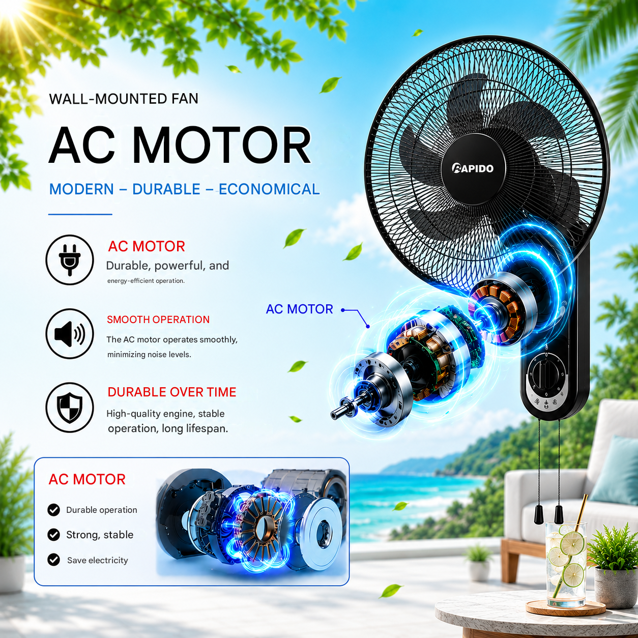 RAPIDO RWF-16AWM 16 Inch Wall Mount Fan 52W – 3 Speed Settings, 80° Oscillation, 3000m³/h Airflow, Pull Cord Control, Black