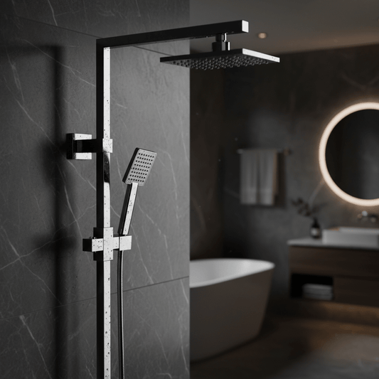 GS Rubinetterie DOCCIA Premium Shower Column With 250mm Square Shower, Chromed Shower head, 150cm Doubel Interlocking Flexible Hose, Diverter, Chrome