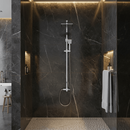 GS Rubinetterie DOCCIA Premium Shower Column With 250mm Square Shower, Chromed Shower head, 150cm Doubel Interlocking Flexible Hose, Diverter, Chrome