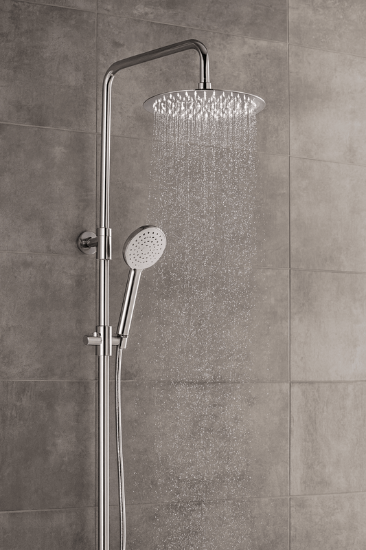 GS Rubinetterie DOCCIA Premium Shower Column With 300mm Round Shower, Chromed Shower head, 150cm Doubel Interlocking Flexible Hose, Diverter, Chrome