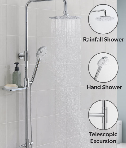 GS Rubinetterie DOCCIA Premium Shower Column With 300mm Round Shower, Chromed Shower head, 150cm Doubel Interlocking Flexible Hose, Diverter, Chrome