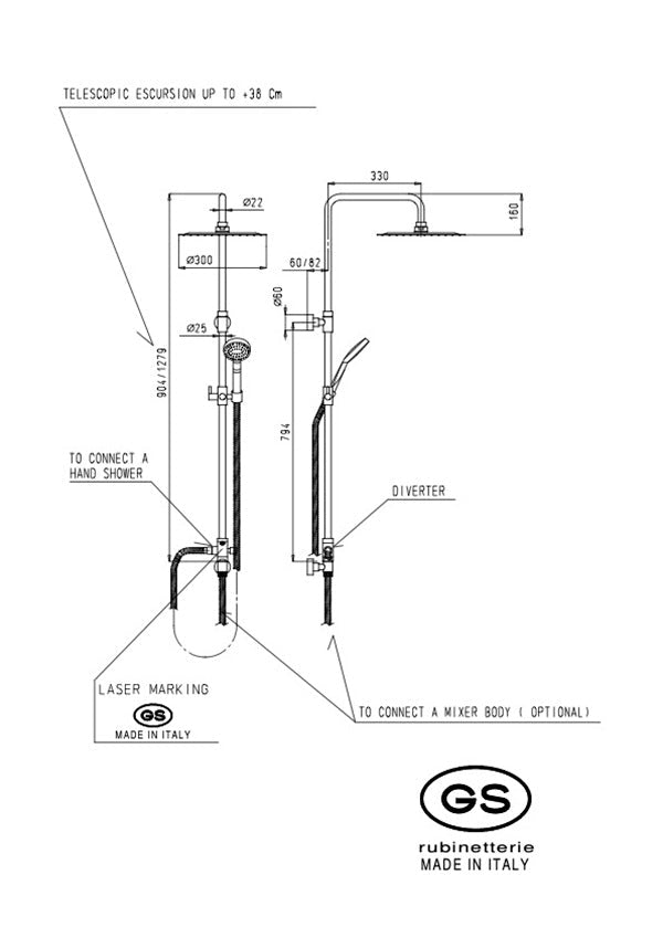 GS Rubinetterie DOCCIA Premium Shower Column With 300mm Round Shower, Chromed Shower head, 150cm Doubel Interlocking Flexible Hose, Diverter, Chrome