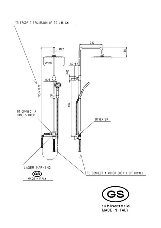 GS Rubinetterie DOCCIA Premium Shower Column With 300mm Round Shower, Chromed Shower head, 150cm Doubel Interlocking Flexible Hose, Diverter, Chrome